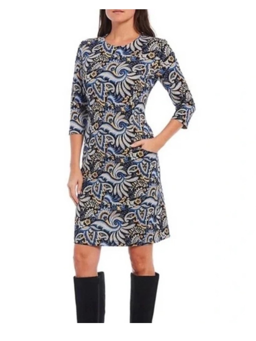 J. MCLAUGHLIN Catalyst Dress Paisley Floral Knit Navy Blue Fairbanks Medium